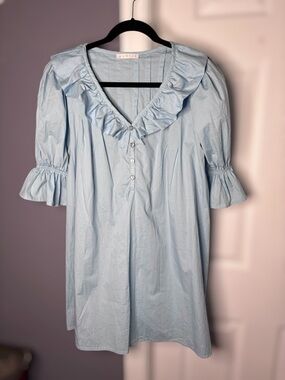 Karlie Blue Ruffle Neck Button Detail Dress Sz Small Cotton Stretch